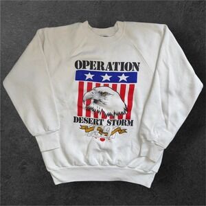 ONEITA Sweatshirt Mens Large White Operation Desert Storm Eagle Graphic Crewneck